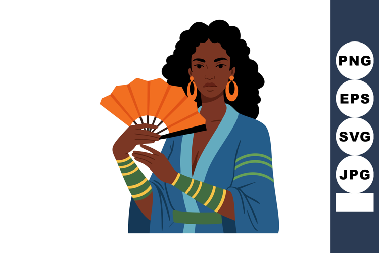 Woman with orange fan wearing blue robe and golden accessori