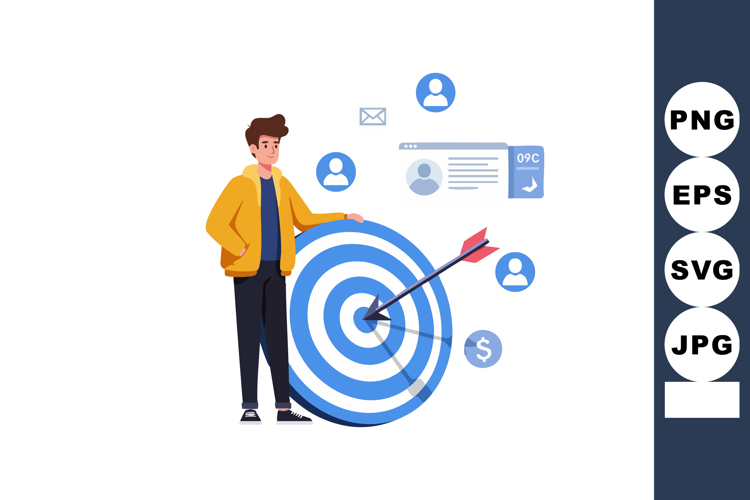 Man standing near blue target with arrow and communication i