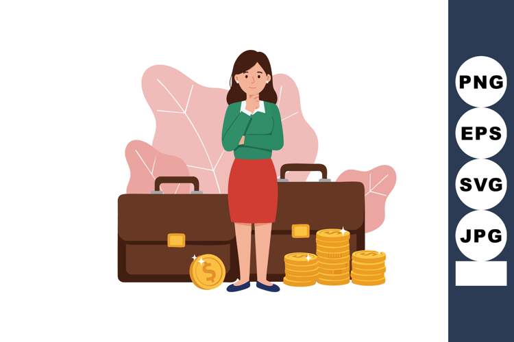 Businesswoman Thinking About Money and Briefcases Financial