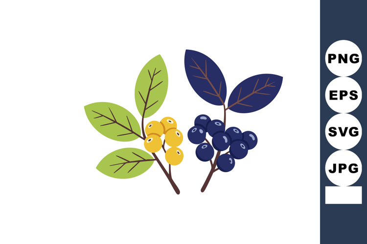 Branches with yellow and blue berries and green and dark blu