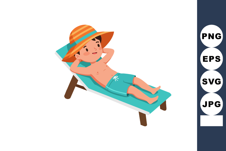 Boy relaxing on sun lounger wearing orange hat and turquoise