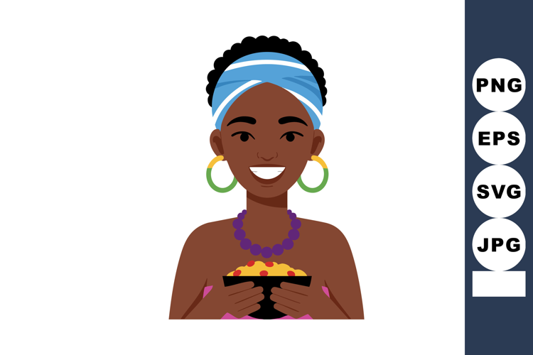 Woman holding bowl smiling with blue headwrap and purple nec