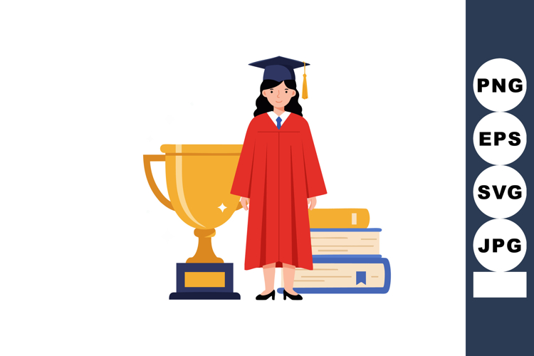 Female graduate student in red gown with trophy and stacked
