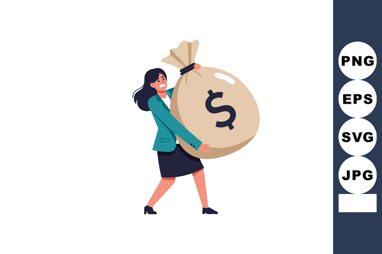Woman carrying large money bag with dollar sign financial su