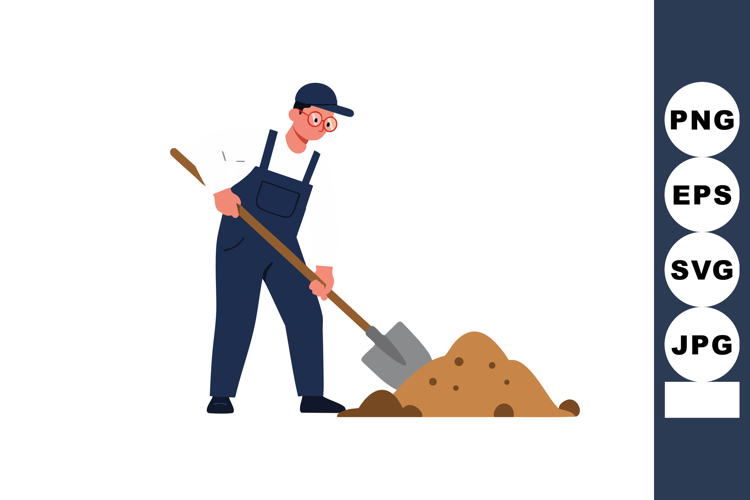 Man Digging with Shovel Wearing Blue Overalls and Cap Vector