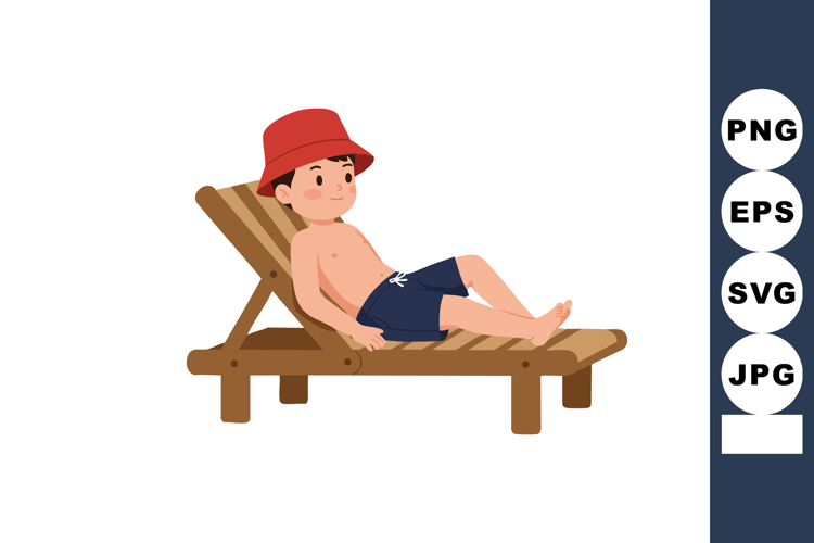 Boy relaxing on wooden lounge chair wearing red hat and blue