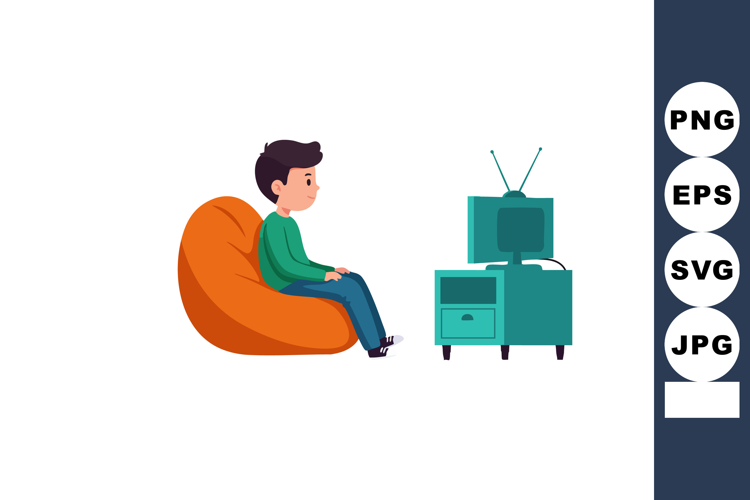 Boy sitting on orange bean bag chair watching television scr