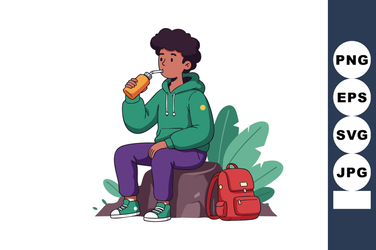 Young Man Sitting on Rock Drinking Juice Outdoor Relaxing wi