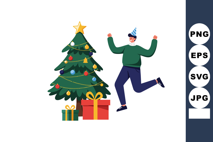 Christmas tree with colorful decorations and happy person ce