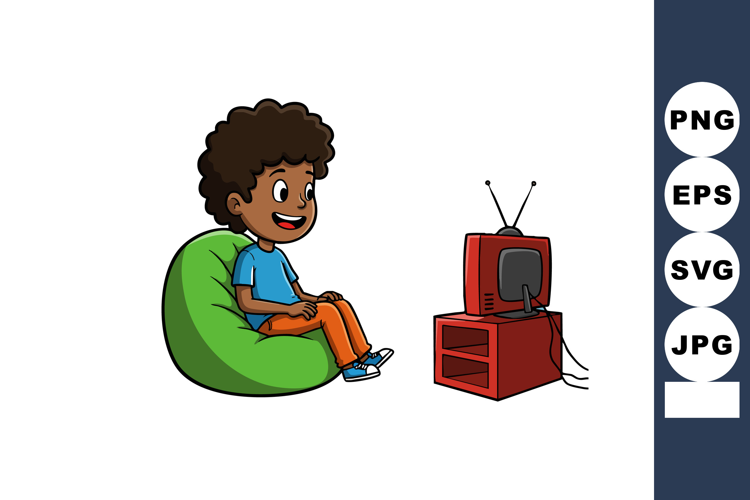 Child sitting on green bean bag watching red television cart