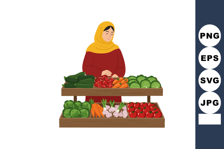 Woman wearing yellow headscarf selling fresh vegetables at m
