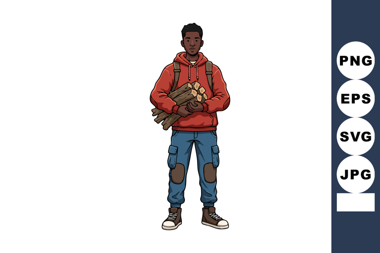 Young man carrying firewood in red hoodie and blue cargo pan