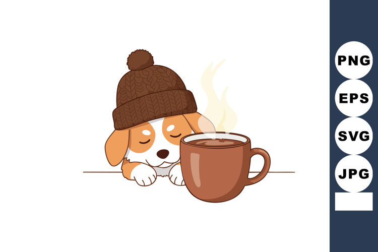Dog wearing brown knitted hat resting next to steaming hot c
