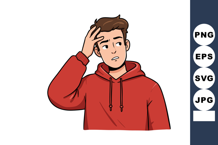 Young man in red hoodie scratching head confused expression