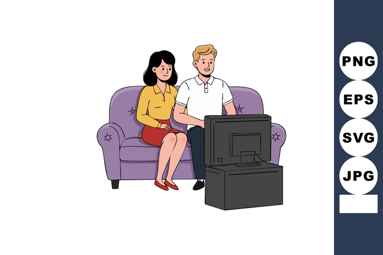 Couple sitting on purple couch watching television at home i