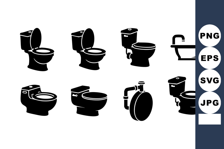 Black Toilet Bathtub Icons Vector Set Bathroom