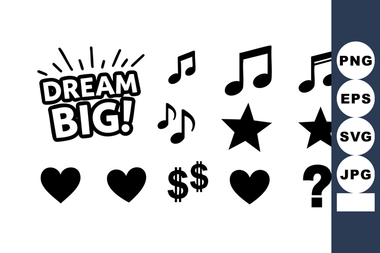 Dream Big Motivational Phrase Music Notes Stars Hearts
