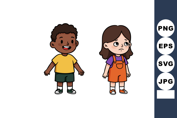 Two children standing side by side with contrasting emotions