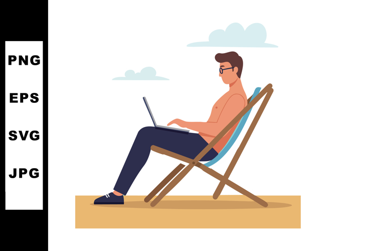 Man Working on Laptop Sitting on Beach Chair Relaxing Outdoo