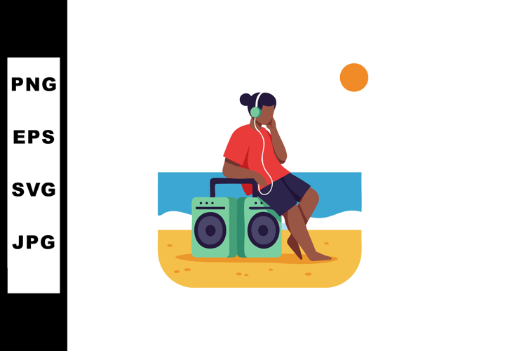 Man listening to music on headphones sitting on green boombo