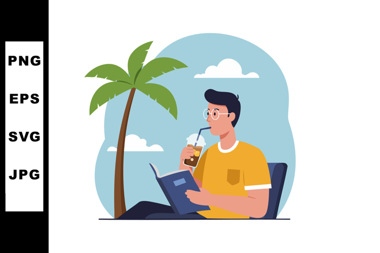 Man Reading Book Drinking Juice Relaxing Outdoors Near Palm