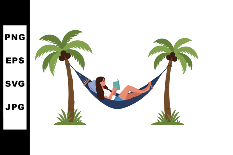 Woman Relaxing in Blue Hammock Between Palm Trees Summer Vac