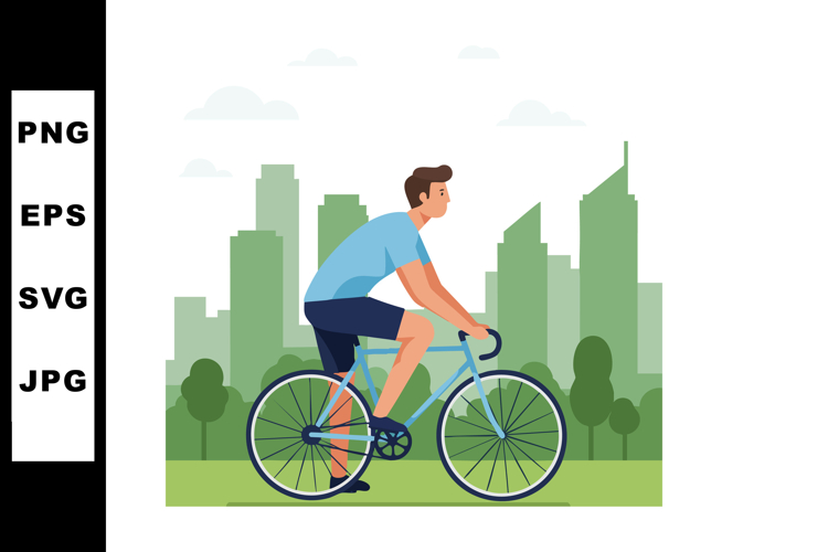 Man Cycling Outdoors in Urban Green Park Landscape with City