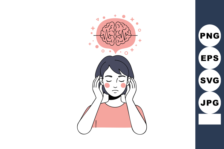 Woman experiencing headache pain with brain illustration abo