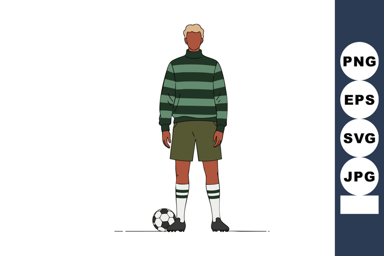 Soccer player standing with ball wearing green striped sweat