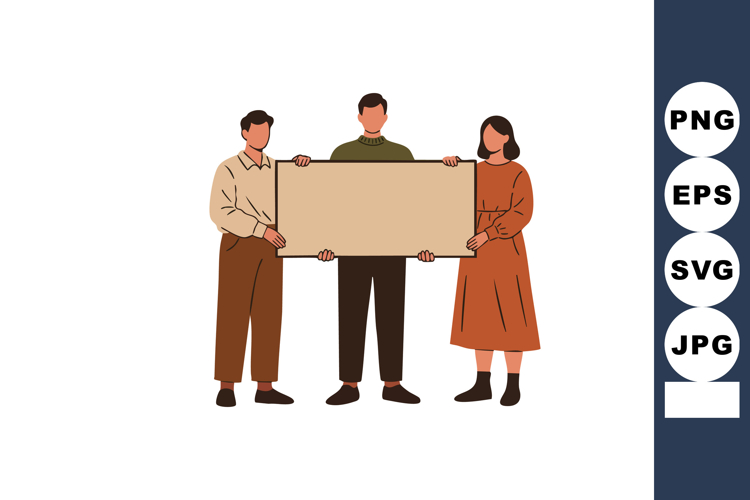 Three people holding blank rectangular banner standing toget