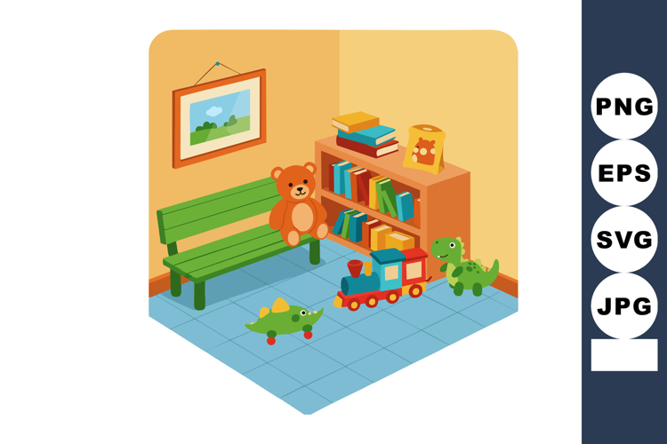 Childrens playroom with toys bench bookshelf stuffed bear an