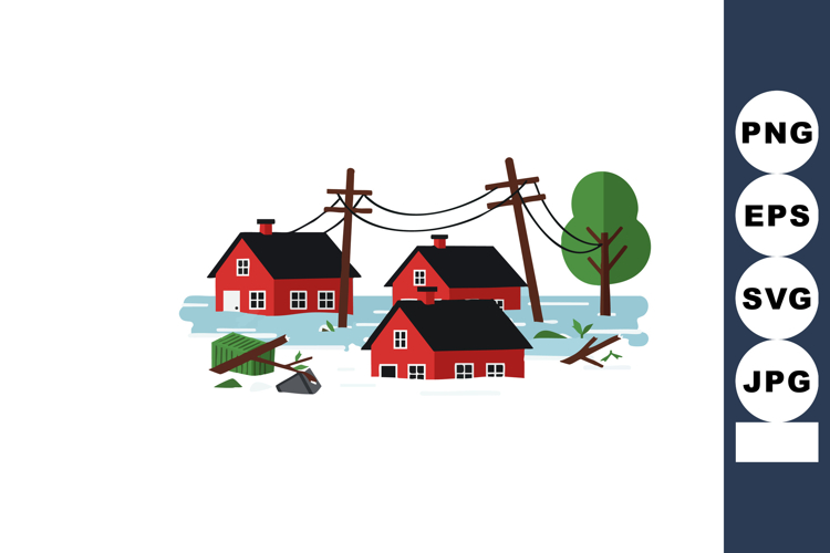 Red houses with broken power lines and fallen tree branches