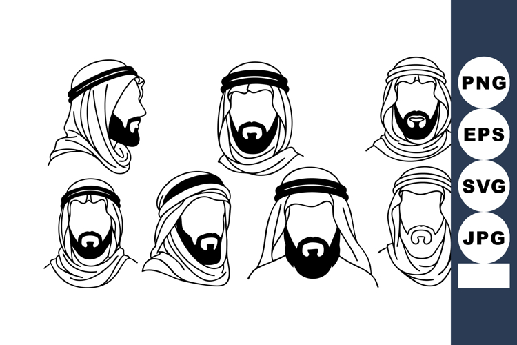 Arab Man Head Icons Traditional Dress Vector Set