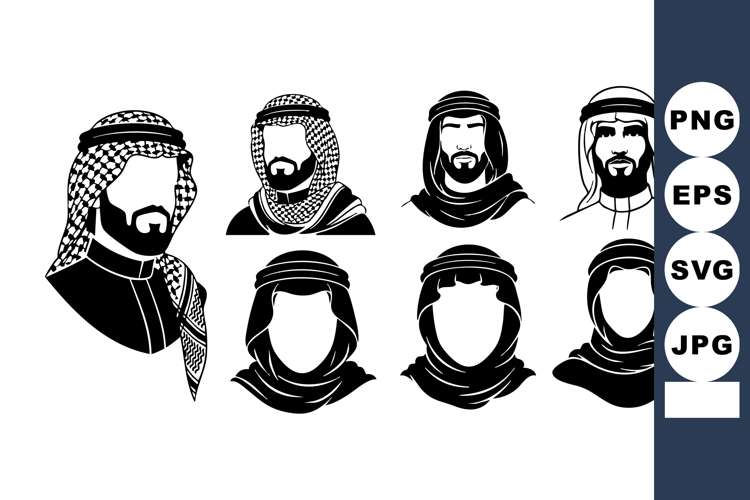 Arabic Man Head Silhouette Vector Set Traditional Headdress