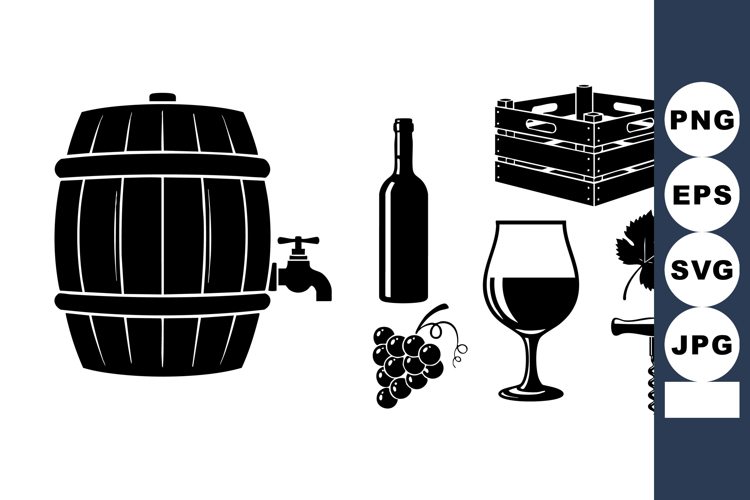 Wine Barrel Bottle Glass Corkscrew Grapes Vector