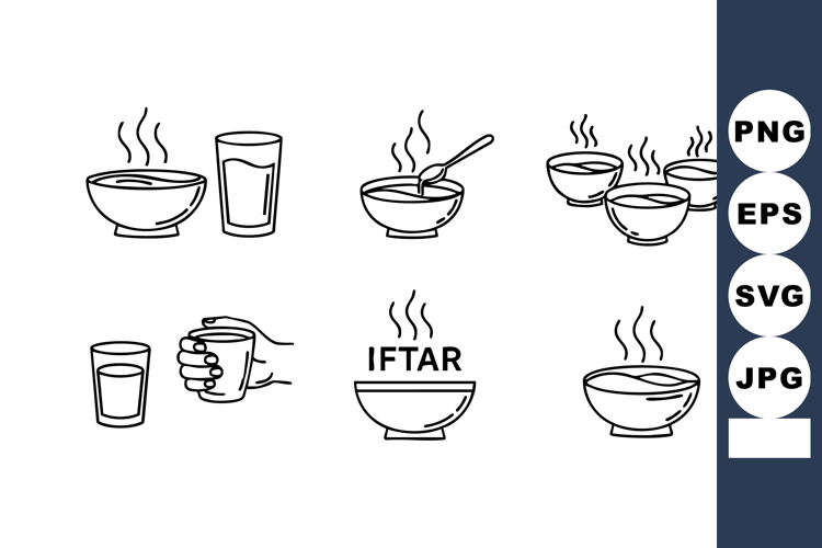 Steaming Bowls Glass Water Iftar Meal Line Art