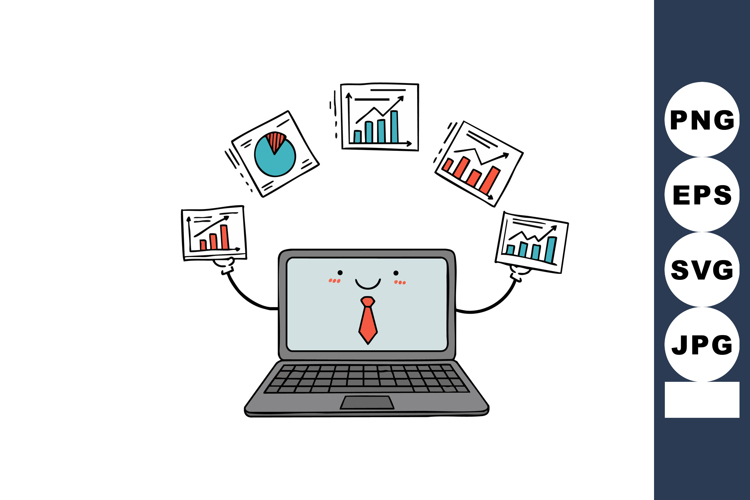 Laptop with smiling face displaying multiple colorful busine