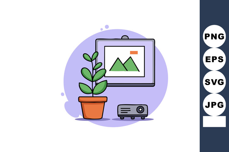 Indoor plant with framed landscape art and projector in cozy example image 1
