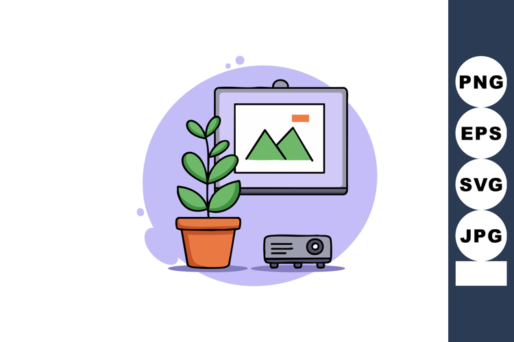 Indoor plant with framed landscape art and projector in cozy