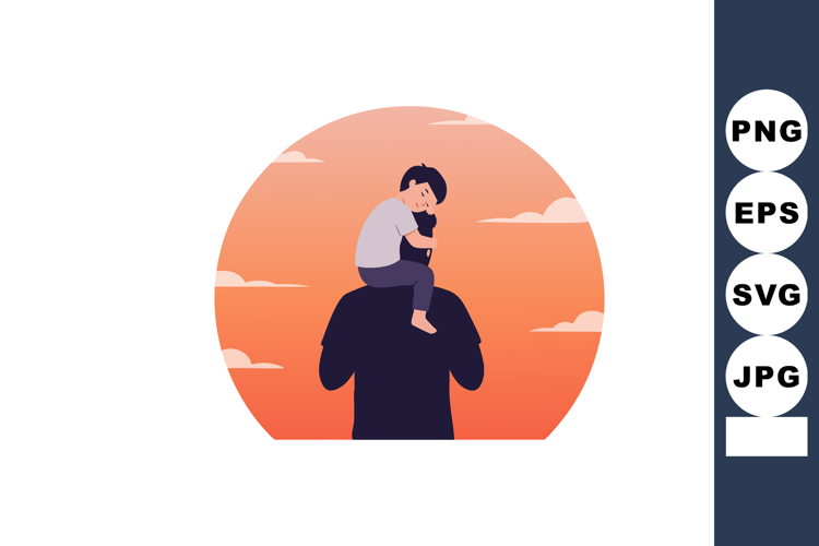Father carrying son on shoulders at sunset with orange sky b