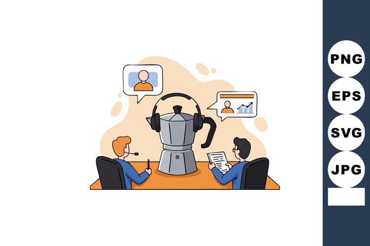 Coffee maker with headphones and two people discussing busin