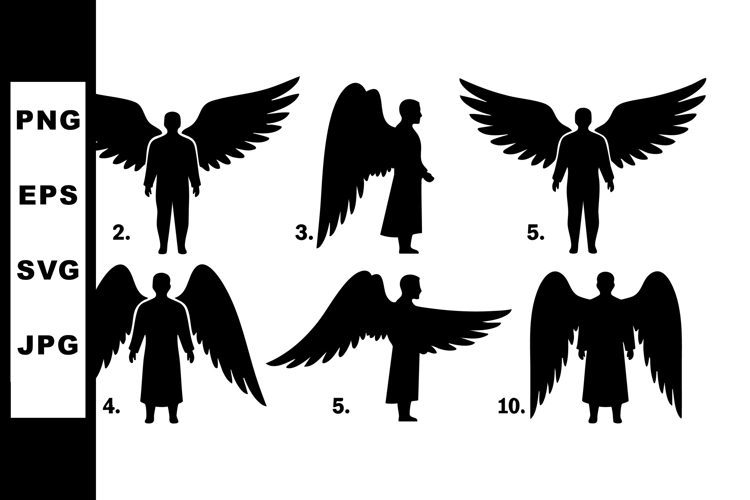 Silhouettes of Angel Wings with Human Figures in Various Pos