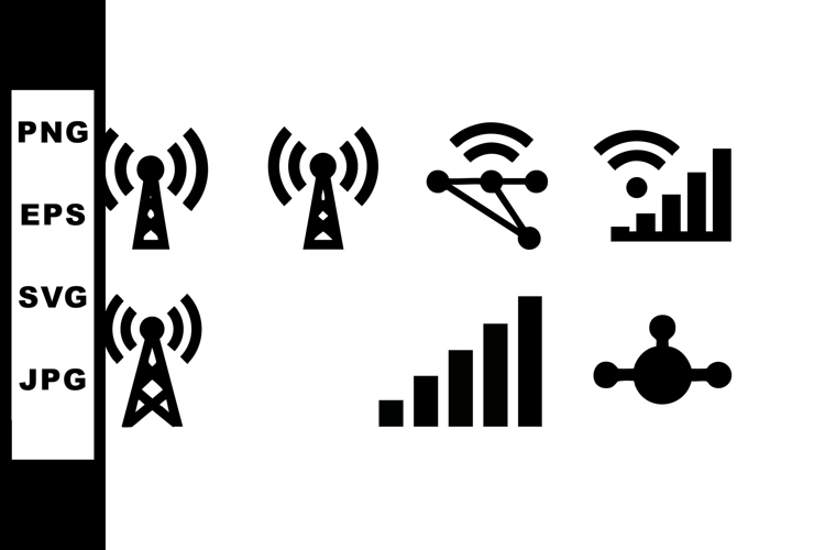 Wireless signal icons set depicting communication towers