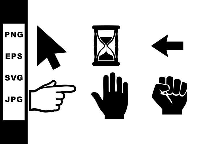 Cursor pointer hand and hourglass icons set with arrows for