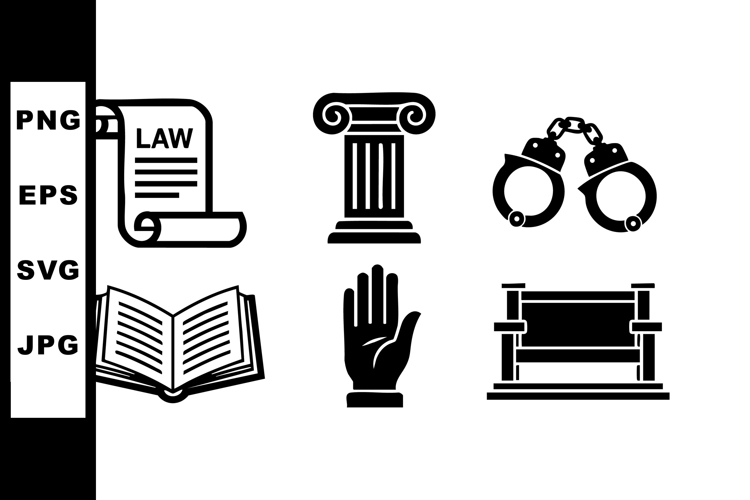 Legal justice symbols law document column handcuffs bench