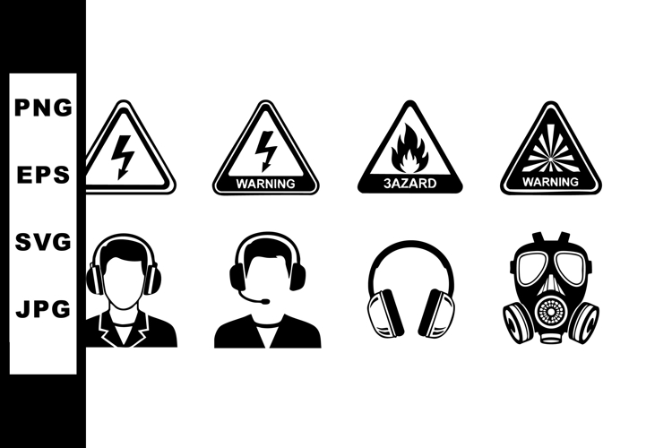 Safety warning hazard signs with headset and gas mask icons