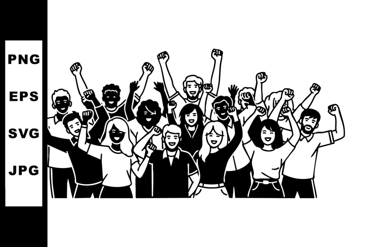 Group of diverse people cheering with raised fists in