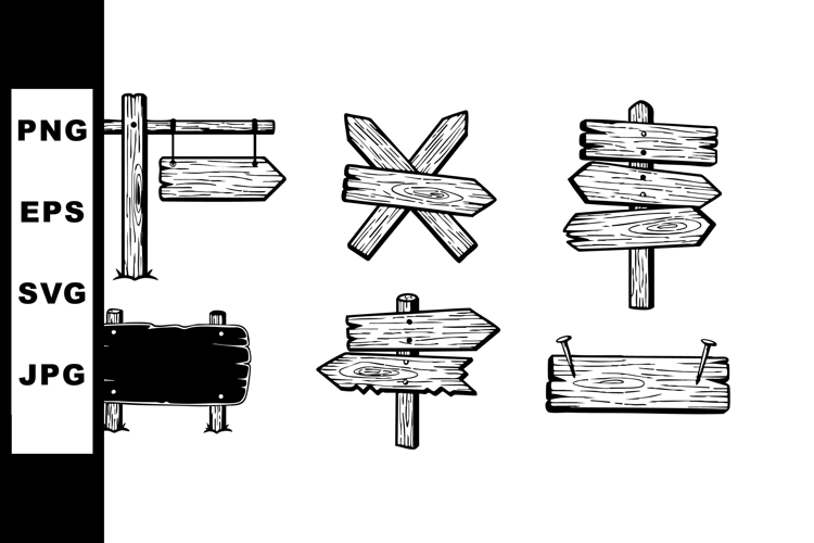 Rustic wooden signpost and directional signs vector set in