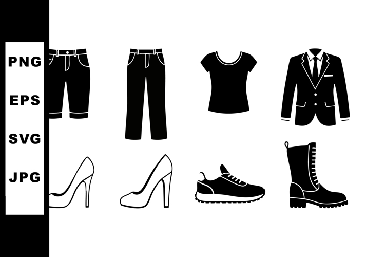 Clothing and footwear icons including pants, t-shirt,