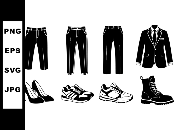 Men and women clothing items including pants shoes and